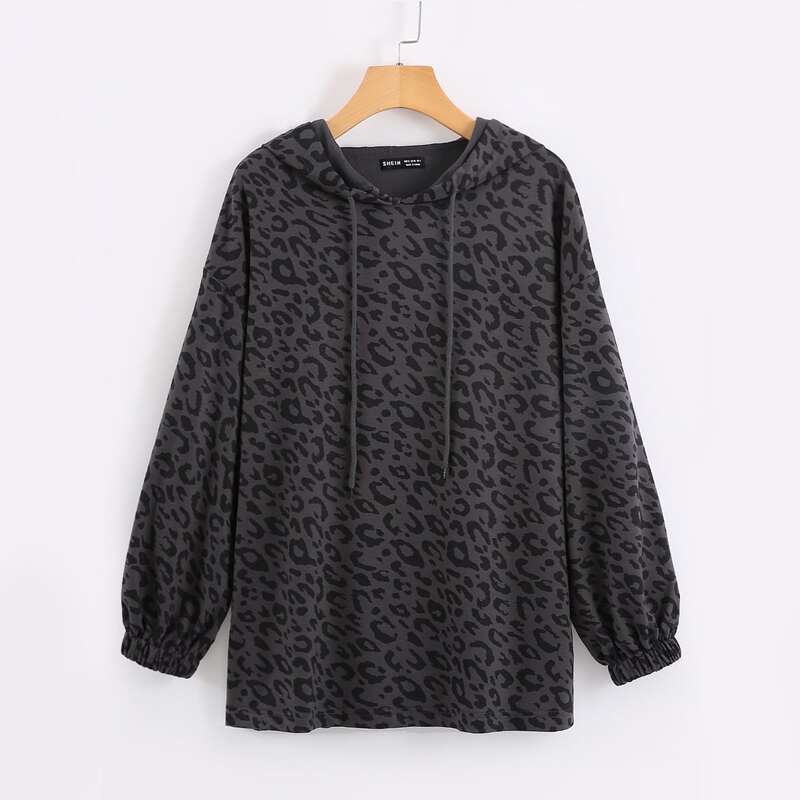 

Leopard Print Drawstring Oversized Hoodie, Dark grey
