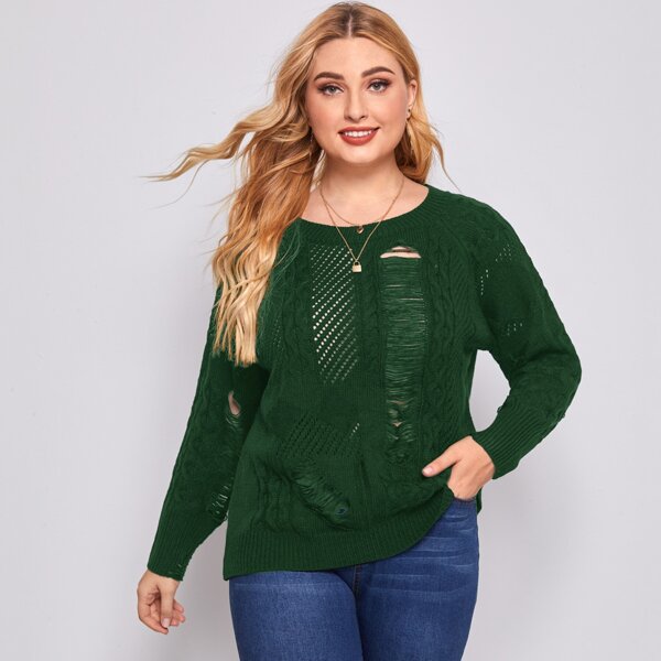 

Plus Solid Ripped Pointelle Knit Sweater, Dark green