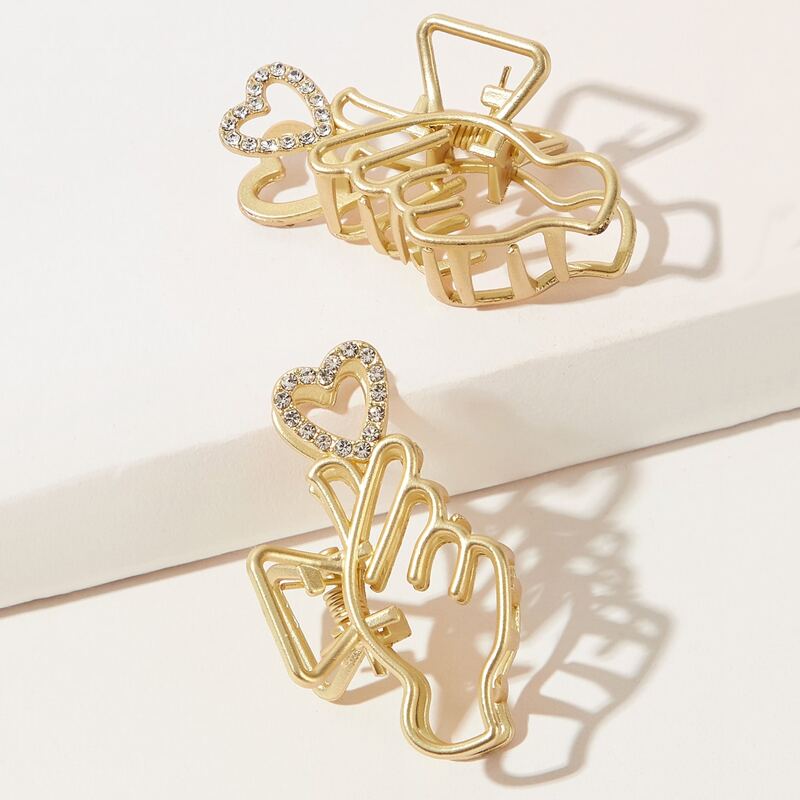

2pcs Rhinestone Decor Heart Design Hair Claw, Gold