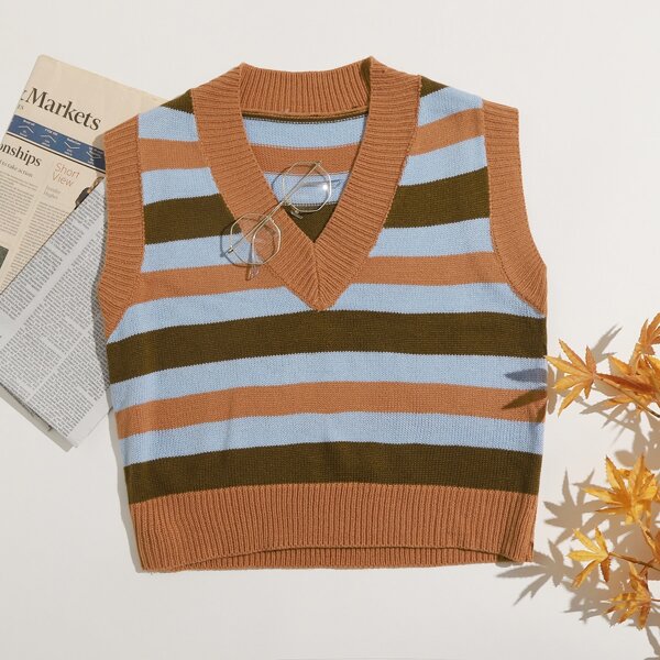 

V-neck Striped Sweater Vest, Multicolor