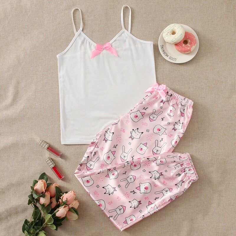 

Cartoon Graphic Satin Pants PJ Set, Multicolor