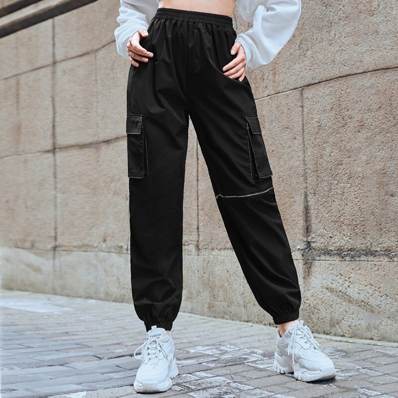 

Solid Zipper Pocket Pants, Black