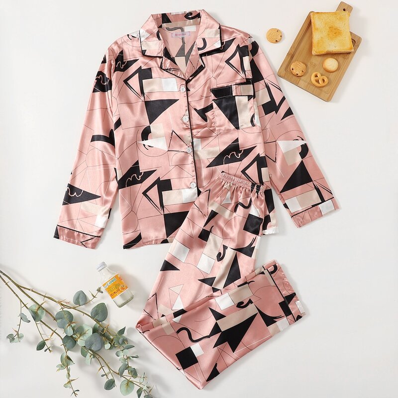 

Geometric Pattern Satin PJ Set, Pink