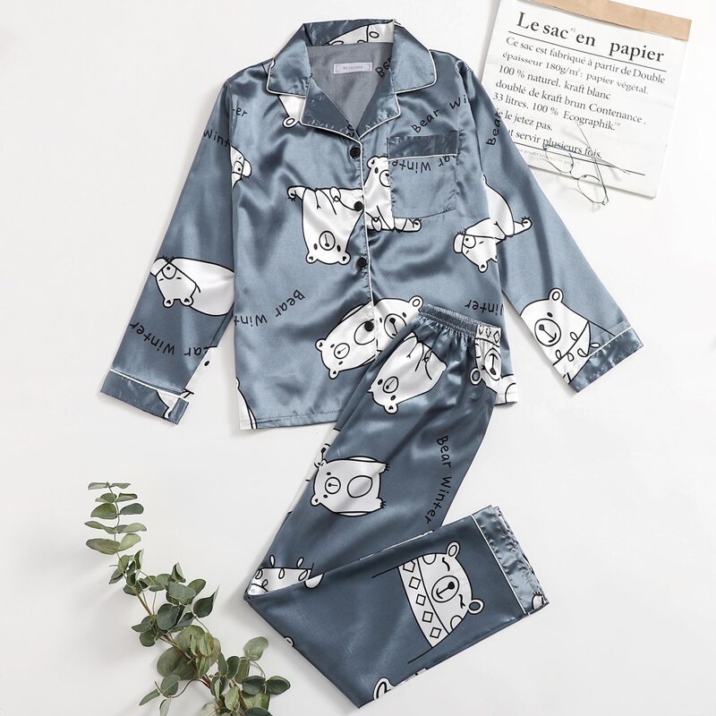 

Bear Print Lapel Neck Satin PJ Set, Blue