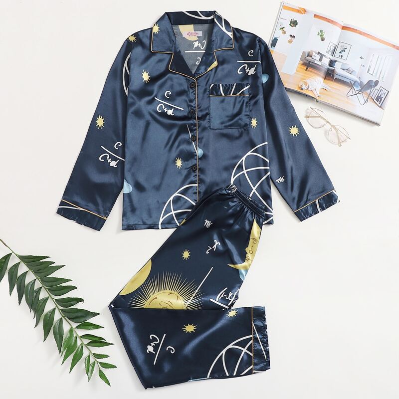 

Sun & Moon Graphic Satin PJ Set, Blue