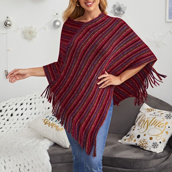 

Fringe Trim Striped Poncho Sweater, Multicolor