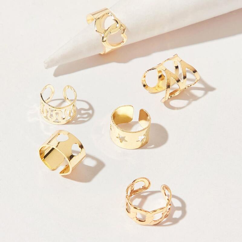 

6pcs Hollow Star & Heart Ear Cuff, Gold
