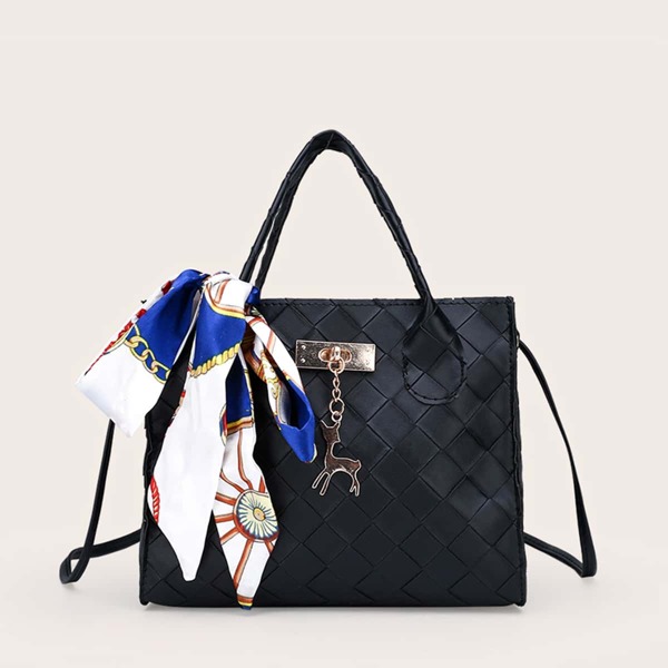 

Twilly Scarf Decor Braided Satchel Bag, Black