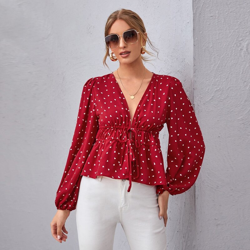 

Tie Front Heart Print Peplum Top, Red