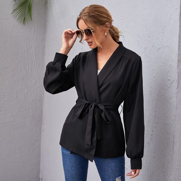 

Shawl Collar Lantern Sleeve Belted Coat, Black