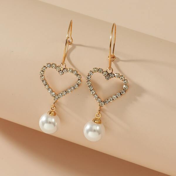 

Rhinestone Heart Decor Faux Pearl Drop Earrings, Gold