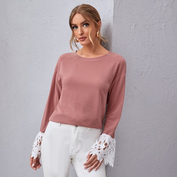 

Contrast Lace Bell Sleeve Tee, Dusty pink