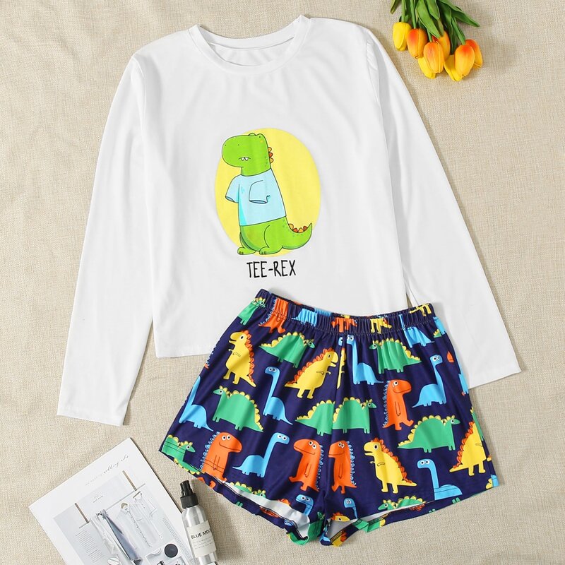 

Cartoon Dinosaur Tee & Shorts PJ Set, Multicolor