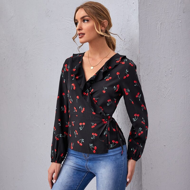 

Ruffle Surplice Neck Knot Cherry Peplum Top, Black