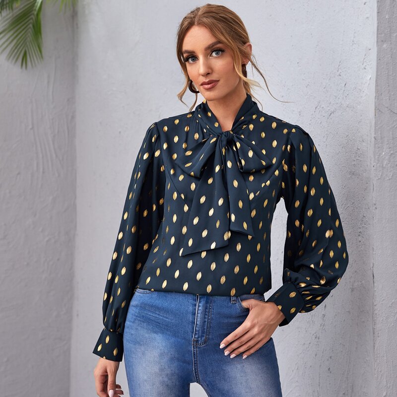 

Tie Neck Lantern Sleeve Gold Print Top, Navy blue