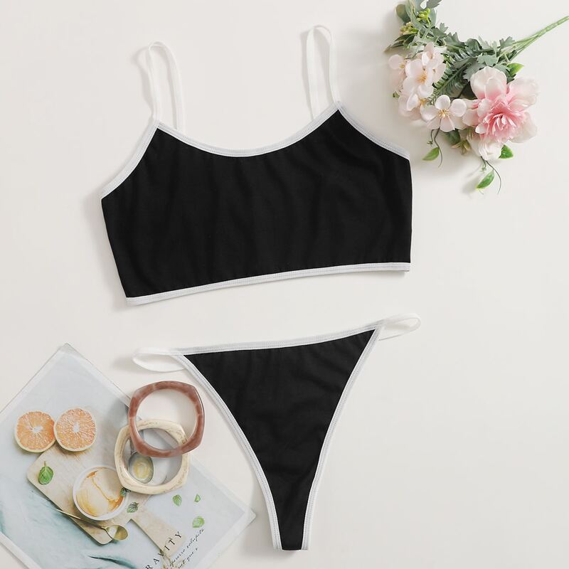 

Contrast Binding Thong Lingerie Set, Black