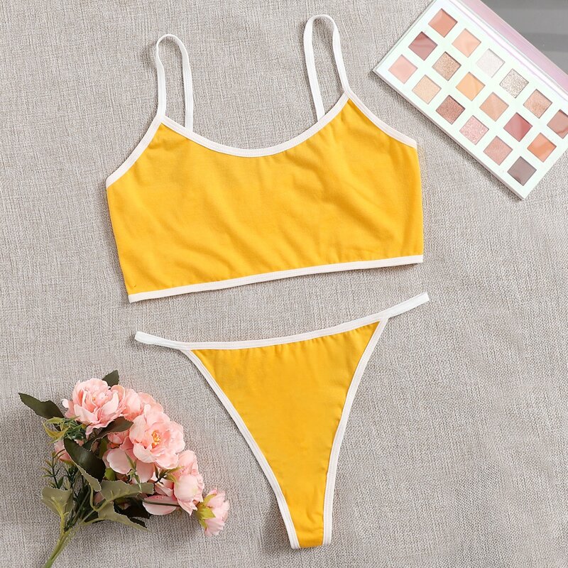 

Contrast Binding Thong Lingerie Set, Yellow
