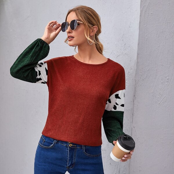 

Colorblock Lantern Sleeve Chenille Sweater, Burgundy