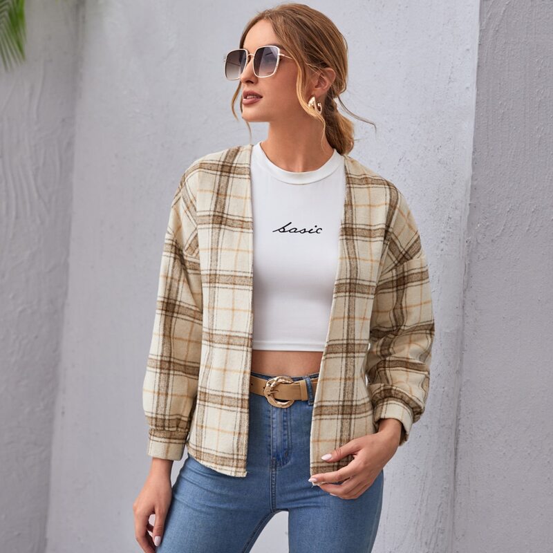 

Drop Shoulder Open Front Plaid Jacket, Khaki