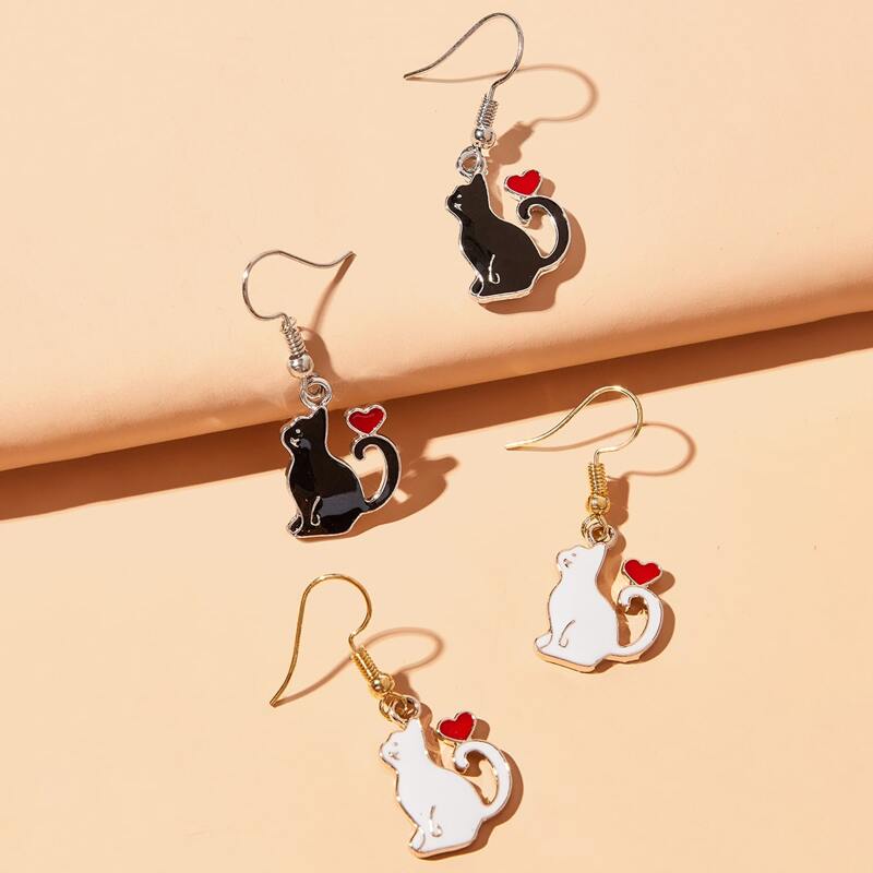 

2pairs Cat & Heart Drop Earrings, Black and white