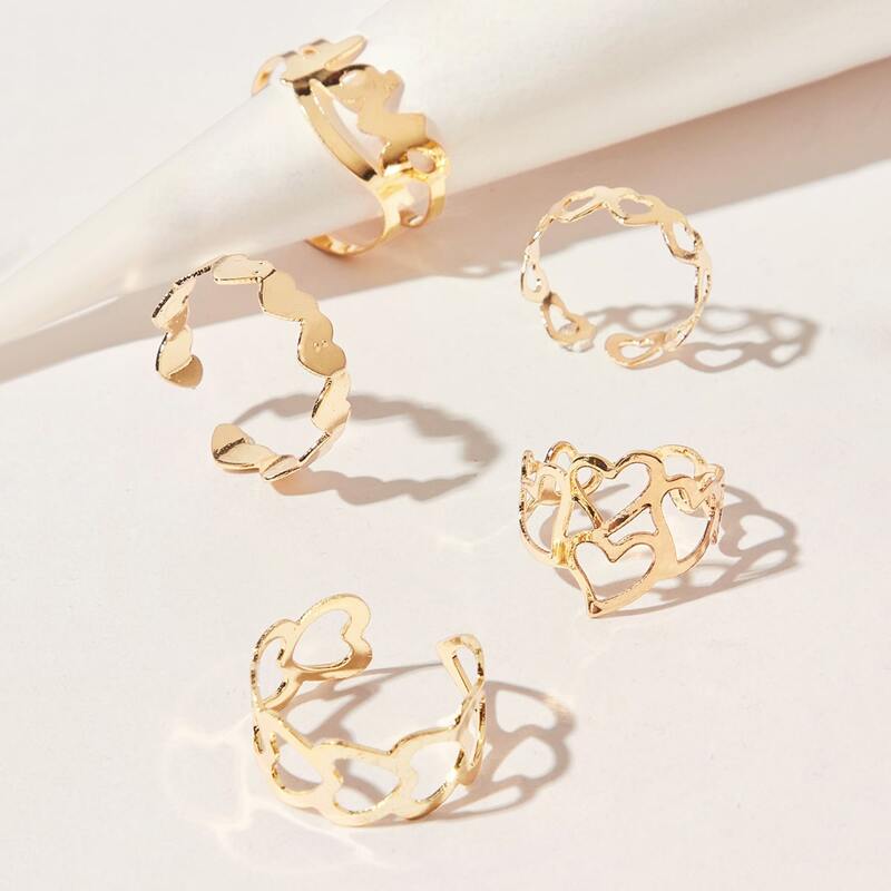 

5pcs Hollow Heart Ring, Gold