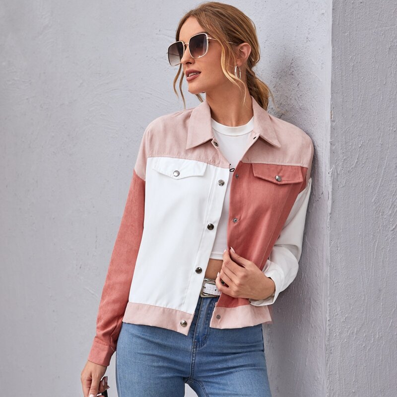 

Button Front Flap Detail Colorblock Jacket, Multicolor