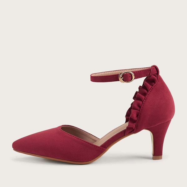 

Minimalist Frill Trim Ankle Strap Pumps, Red
