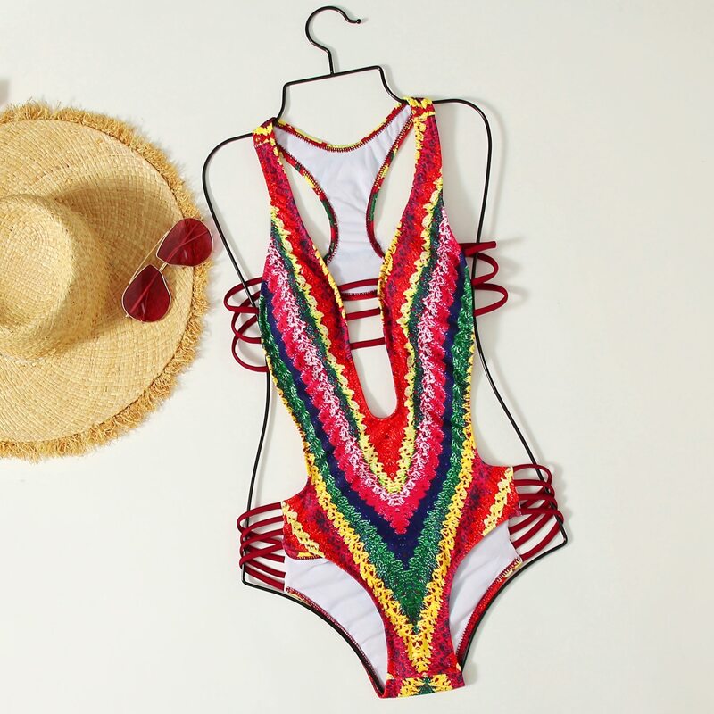 

Graphic Plunging Cut-out One Piece Swimsuit, Multicolor