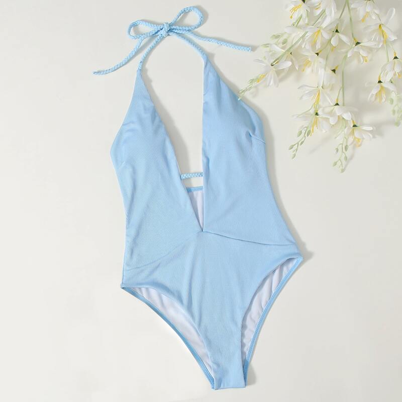

Ribbed Plunging Halter Bikini Swimsuit, Baby blue
