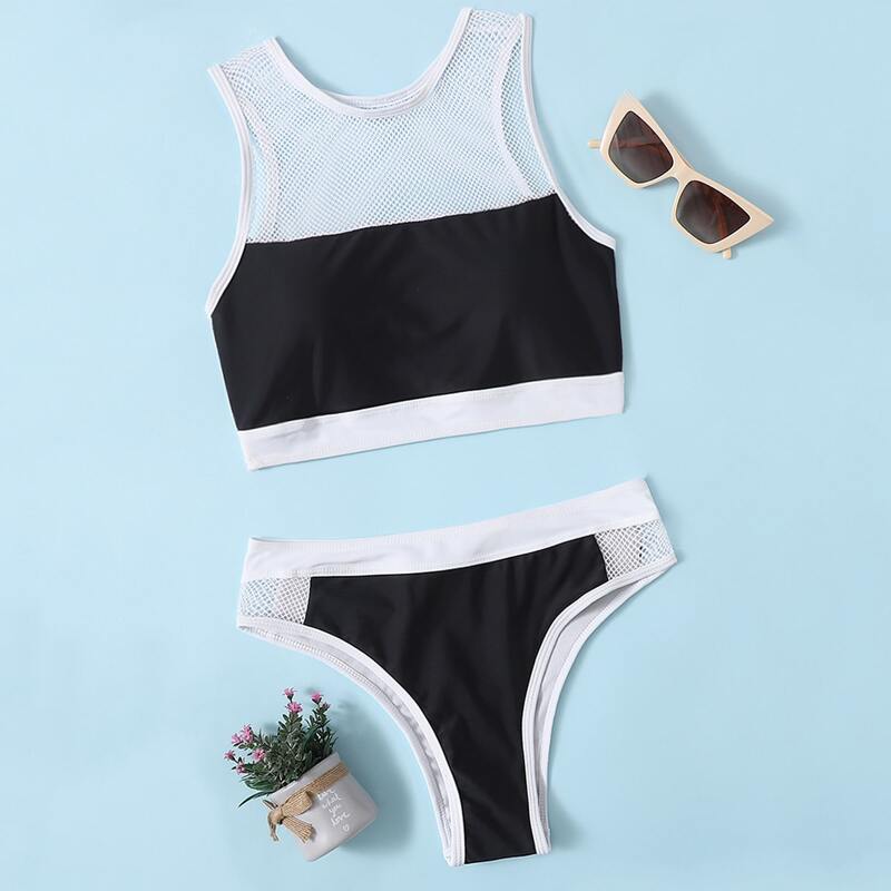 

Contrast Fishnet Colorblock Bikini Swimsuit, Black and white