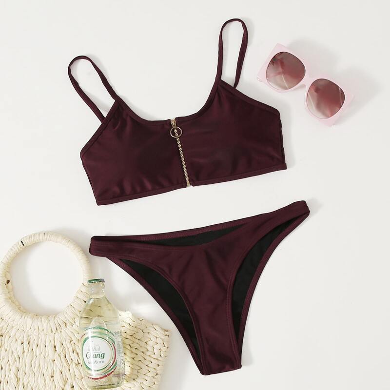 

Zip Front Cami Bikini Swimsuit, Burgundy