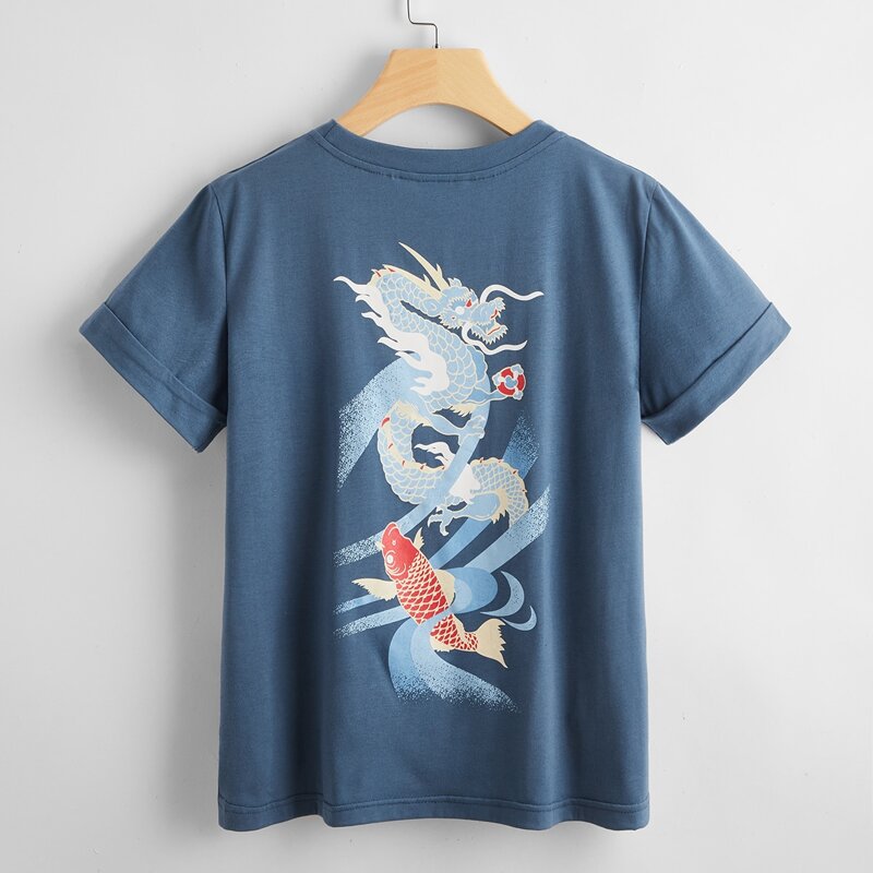 

Chinese Dragon & Fish Graphic Print Back Tee, Dusty blue