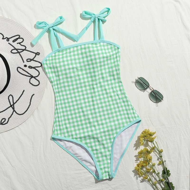 

Gingham Tie Shoulder One Piece Swimsuit, Green
