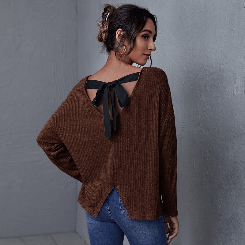 

Tie Back Split Hem Drop Shoulder Tee, Coffee brown
