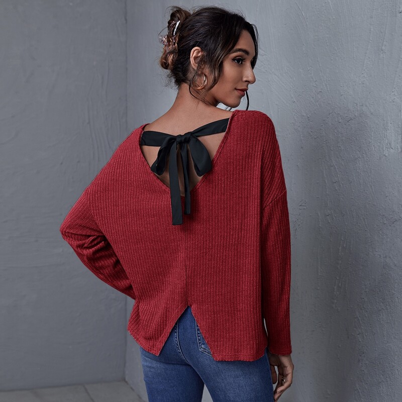 

Tie Back Split Hem Drop Shoulder Tee, Burgundy