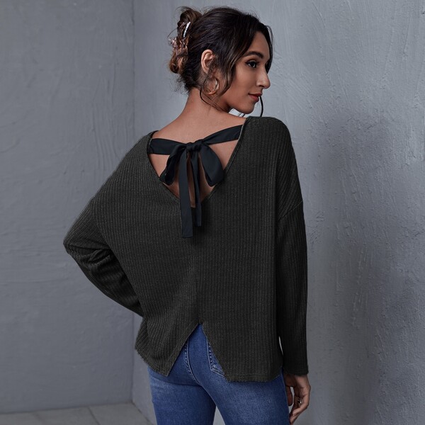 

Tie Back Split Hem Drop Shoulder Tee, Black