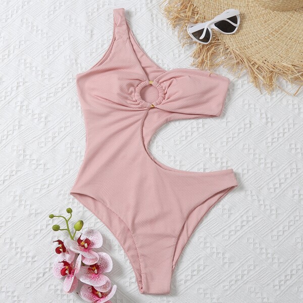 

Textured Cut-out One Shoulder One Piece Swimsuit, Pink