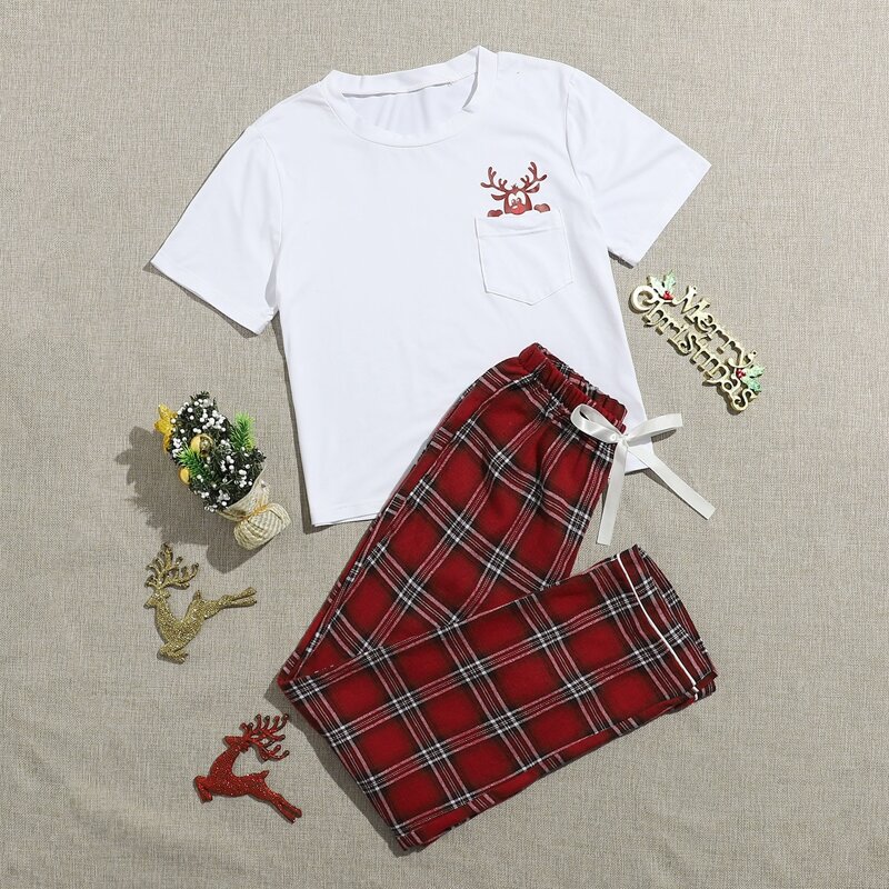 

Christmas Elk & Plaid Pattern PJ Set, Red and white