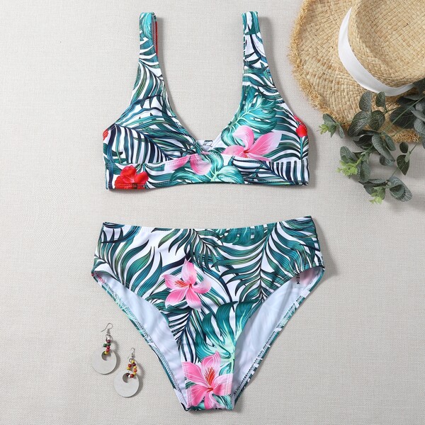 

Floral & Tropical Bikini Swimsuit, Green