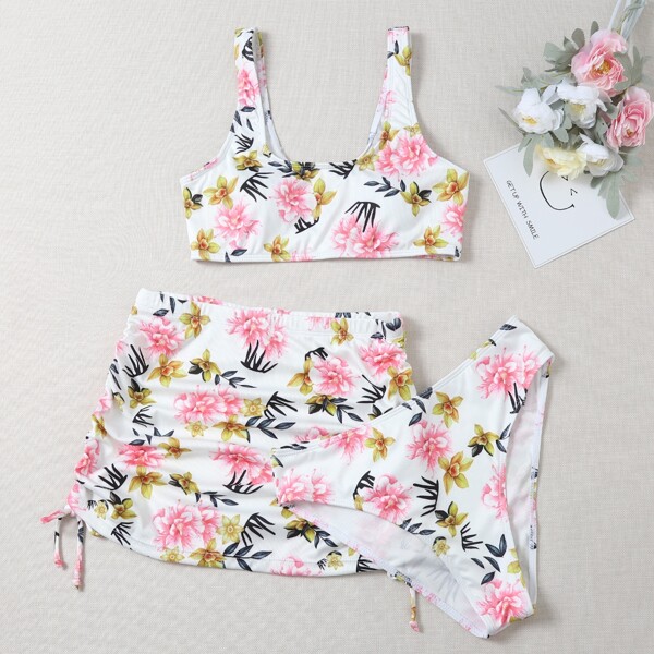 

3pack Floral Print Bikini Swimsuit With Beach Skirt, Multicolor