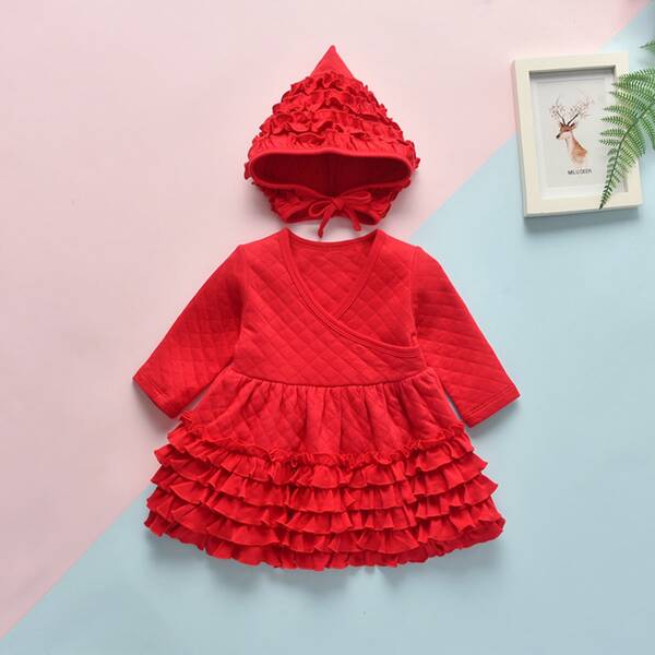 

Baby Girl Surplice Front Layered Ruffle Dress & Hat, Red