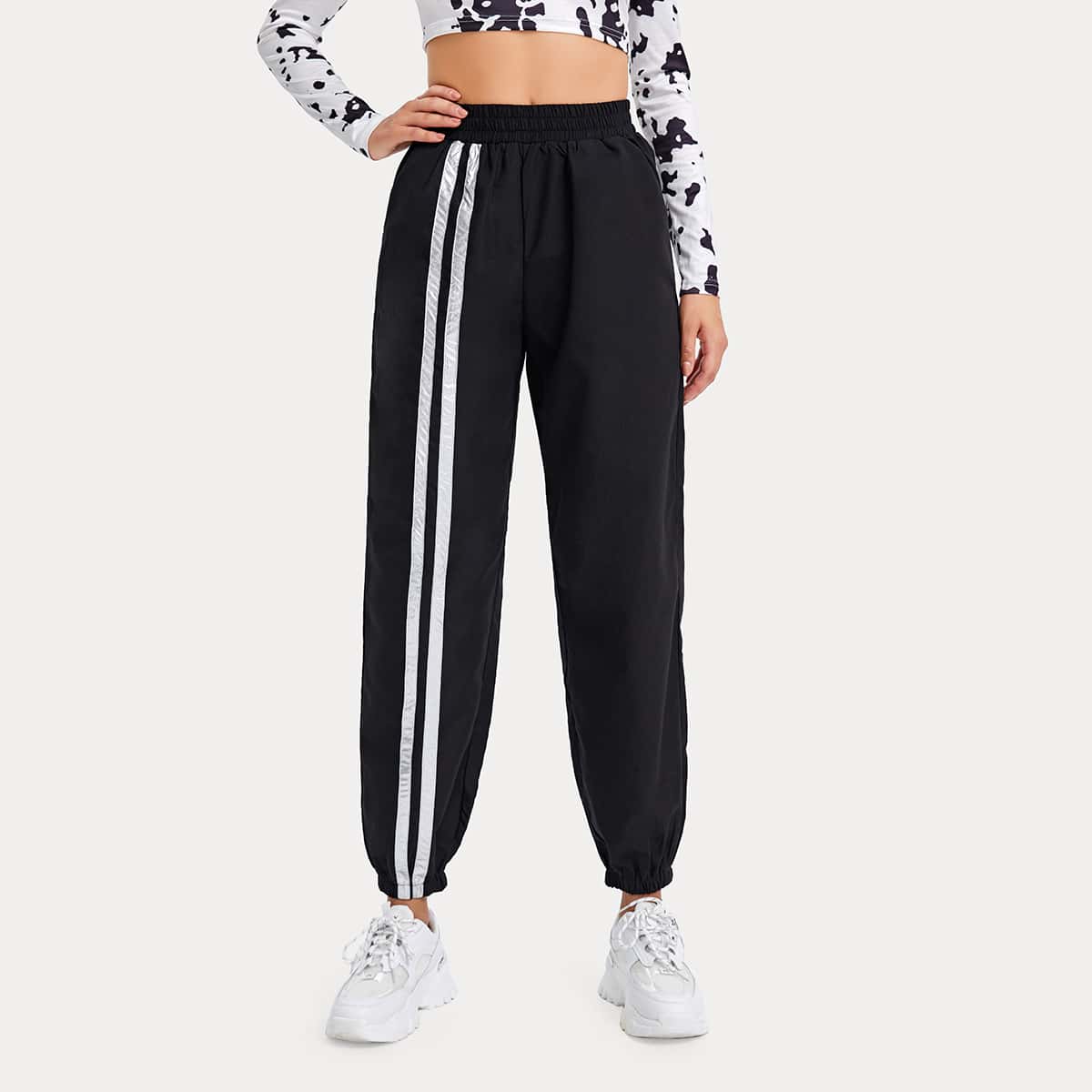 

Striped High Waist Pants, Black