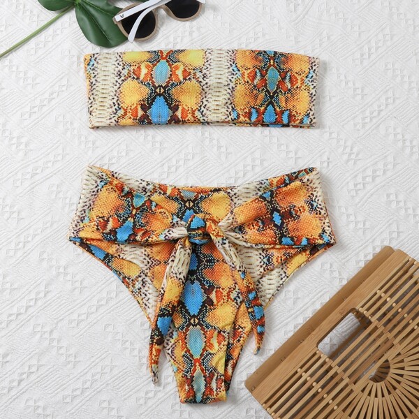 

Snakeskin Knot Front Bandeau Bikini Swimsuit, Multicolor