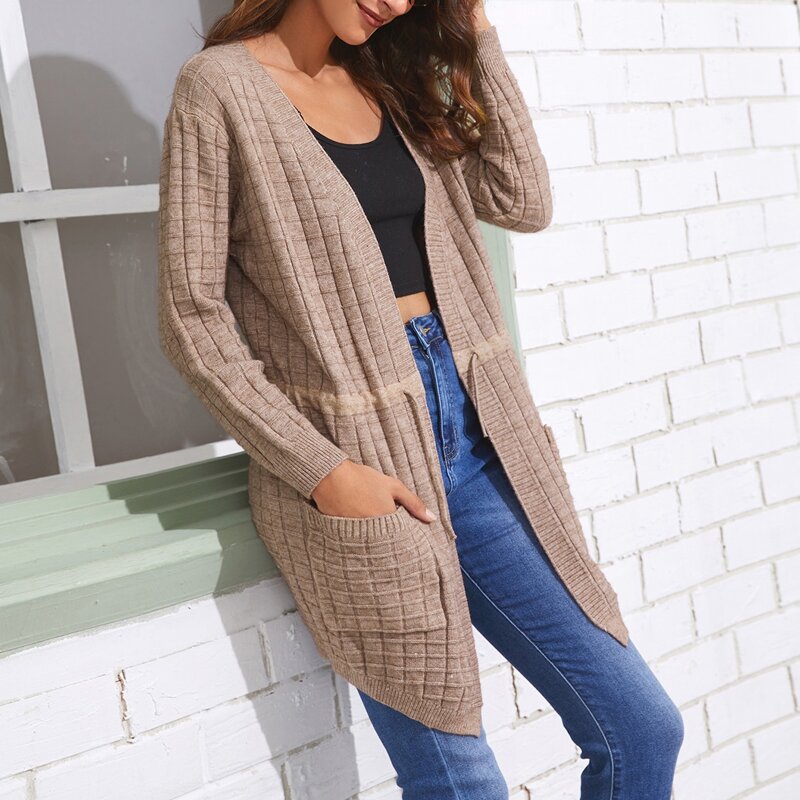 

Drawstring Waist Waffle Knit Cardigan, Camel
