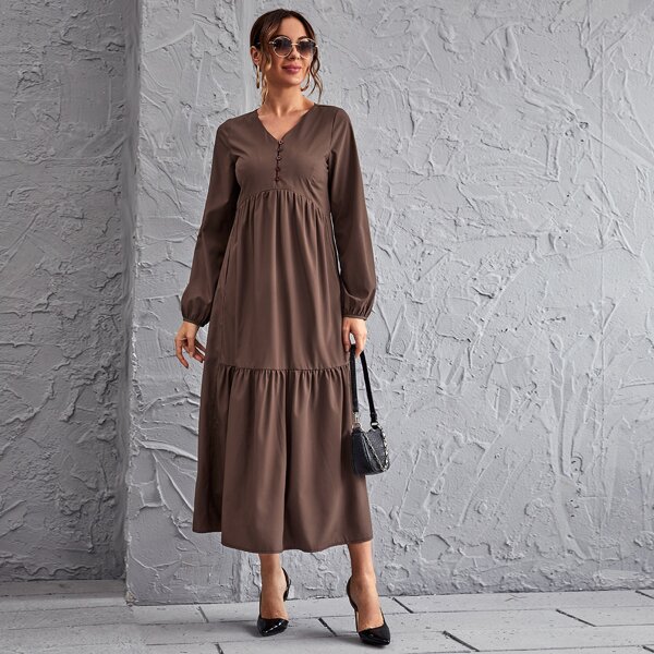 

Lantern Sleeve Button Front Ruffle Hem Dress, Mocha brown