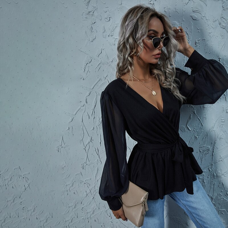 

Mesh Panel Sleeve Self Tie Wrap Top, Black