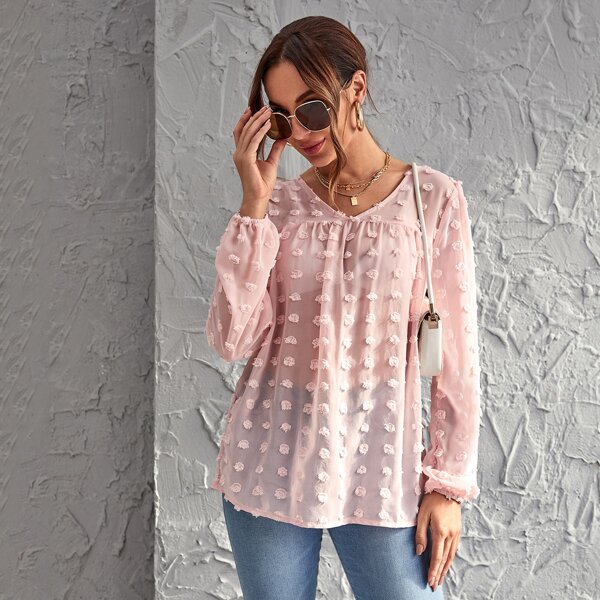

Lantern Sleeve Appliques Sheer Top, Pastel baby pink