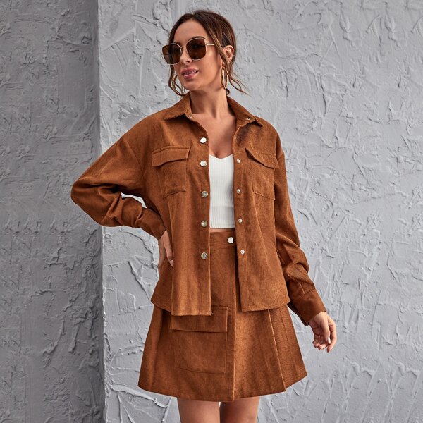 

Button Front Flap Pocket Drop Shoulder Cord Jacket, Rust brown