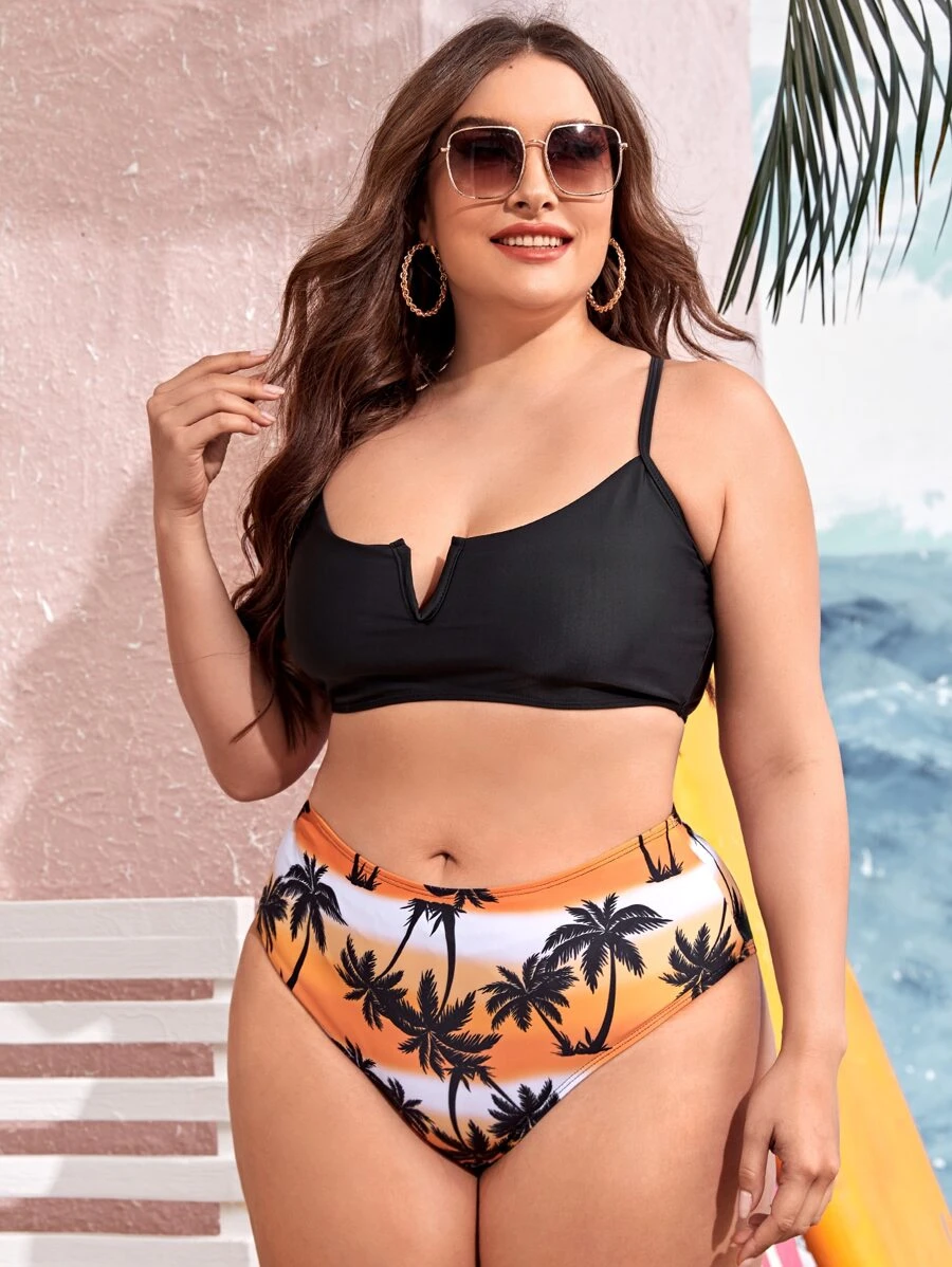 Conjunto de bikini con parte superior con aros en V y estampado de palmeras, para talla grande, para playa de verano - Multicolor - Ver 1