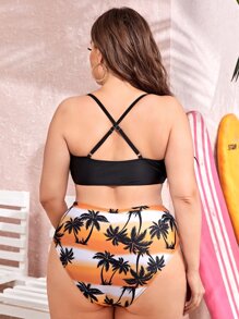 大码棕榈树印花 V 型钢圈比基尼套装夏季海滩 - 彩色 - 查看 2